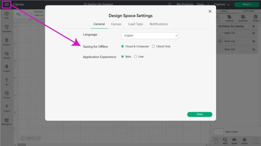 changing saving settings in cricut design space