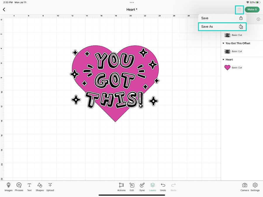 Saving a project from a previews one in Cricut Design Space App