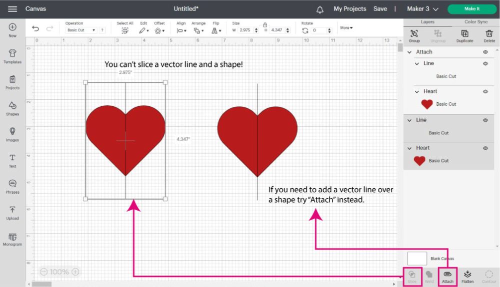 attaching vector lines in cricut design space.