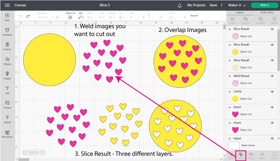 Screenshot of how to slice multiple images inside Cricut Design Space in one step