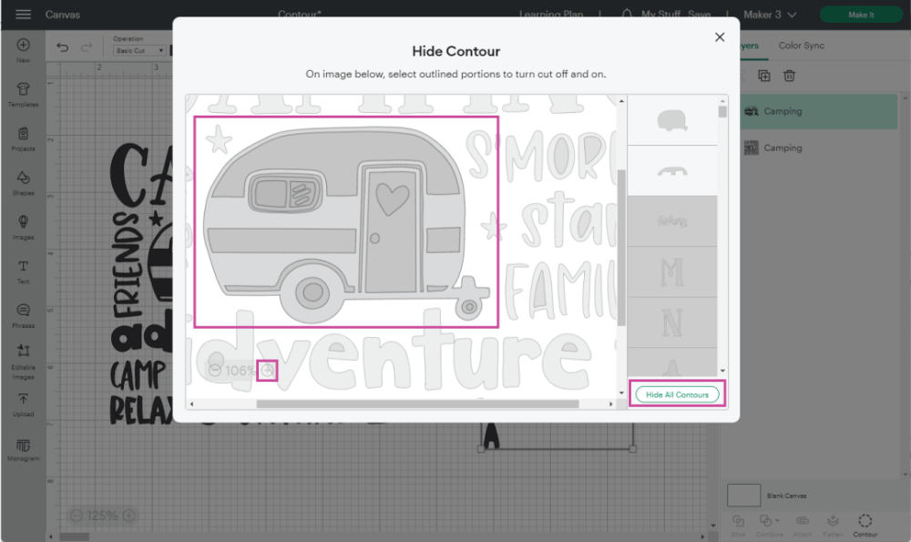 hide contour window cricut design space