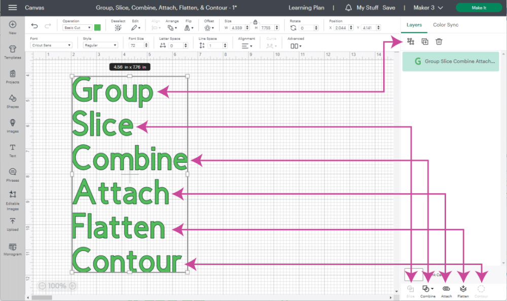 where to find the group, slice, combine, attach, flatten, contour.