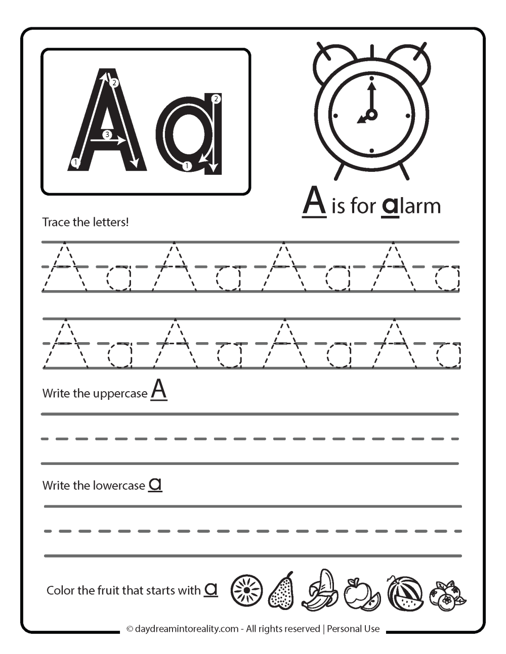 letter a worksheet - writing and letter formation. A is for alarm.  Free printable
