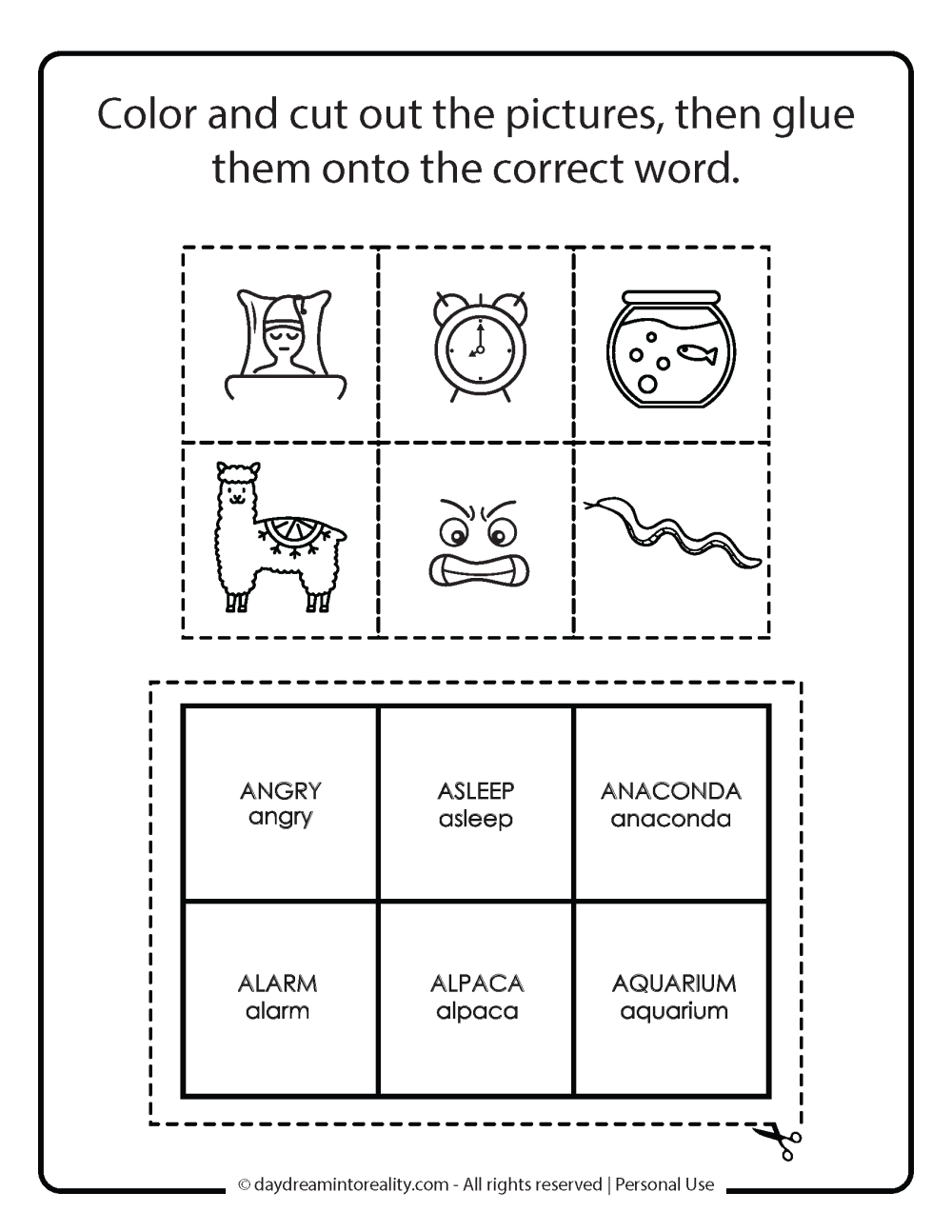 color, cut words that start with a on the right word. Memory game letter A free printable
