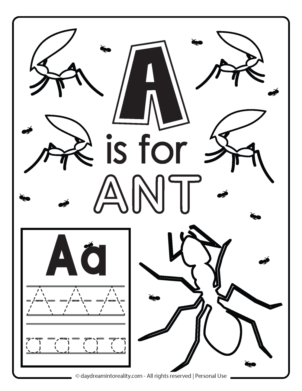 A is for ant coloring page free printable 