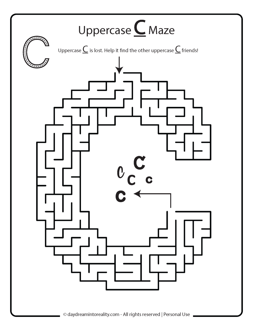 Uppercase C maze worksheet free printable