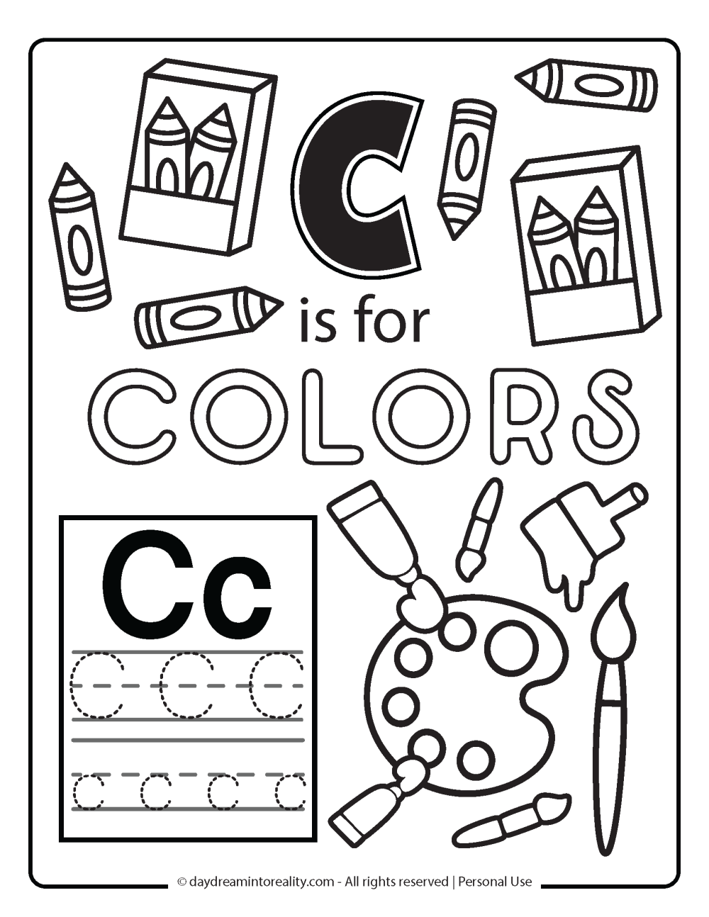 Letter C coloring page free printable - c is for colors