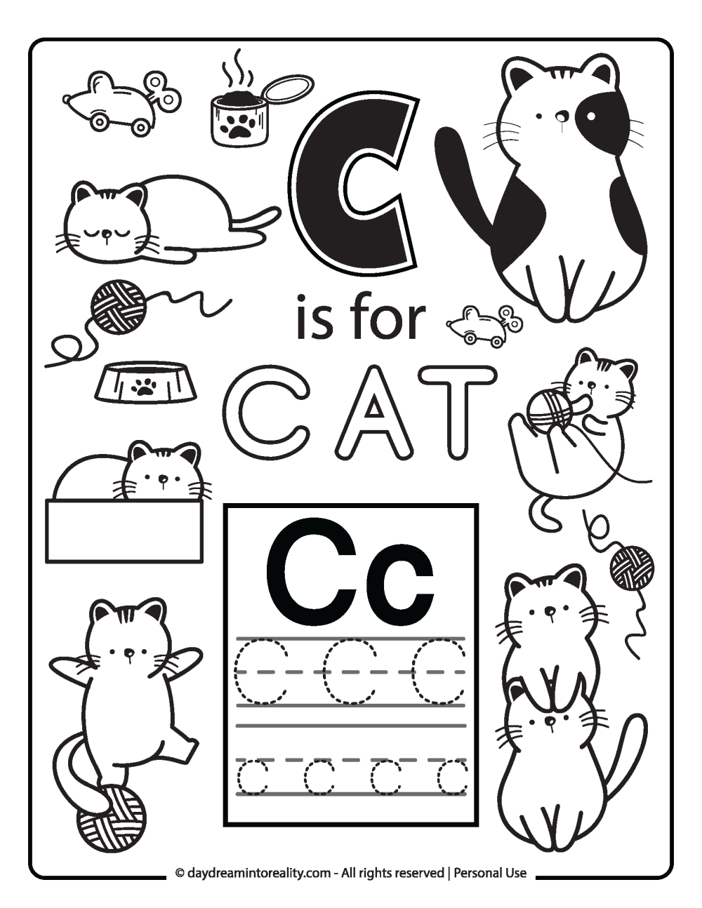 Letter C coloring page free printable - c is for cat