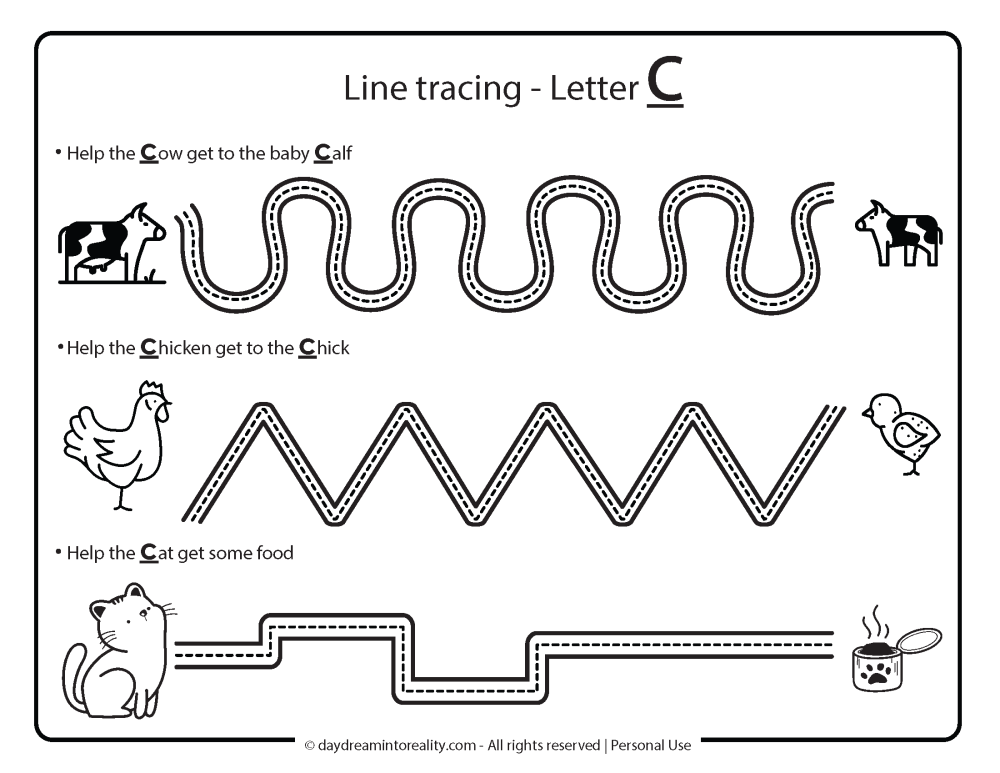 Letter C line trace free printable worksheet