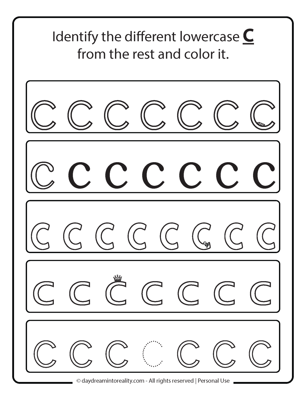 Identify the Different lowercase c -Letter C worksheet free printable
