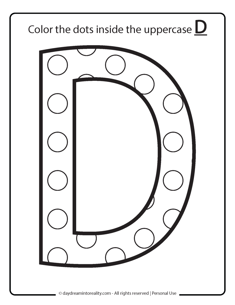 Letter D worksheet free printables - color all dots in uppercase d
