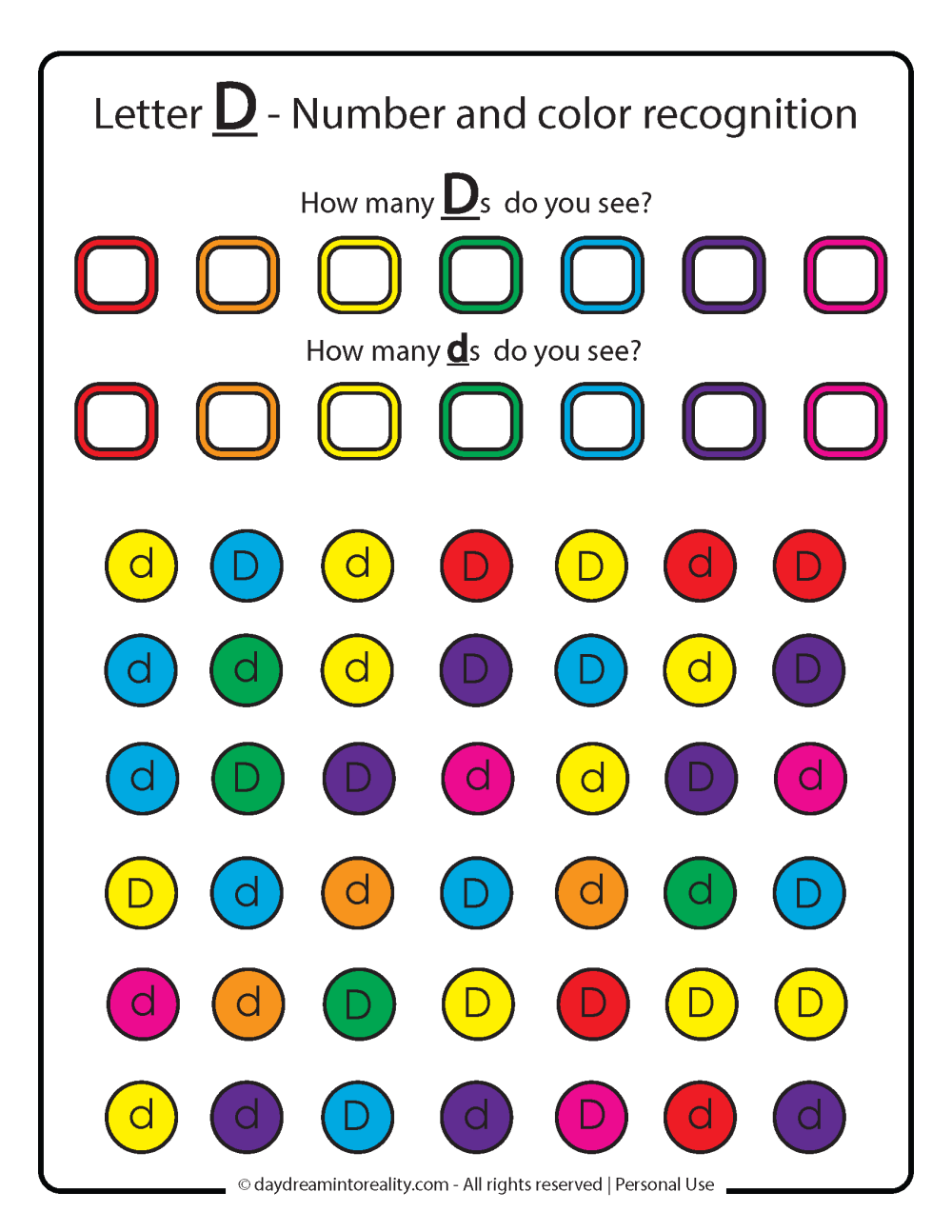 Letter D worksheet free printables. Number, letter and color recognition.