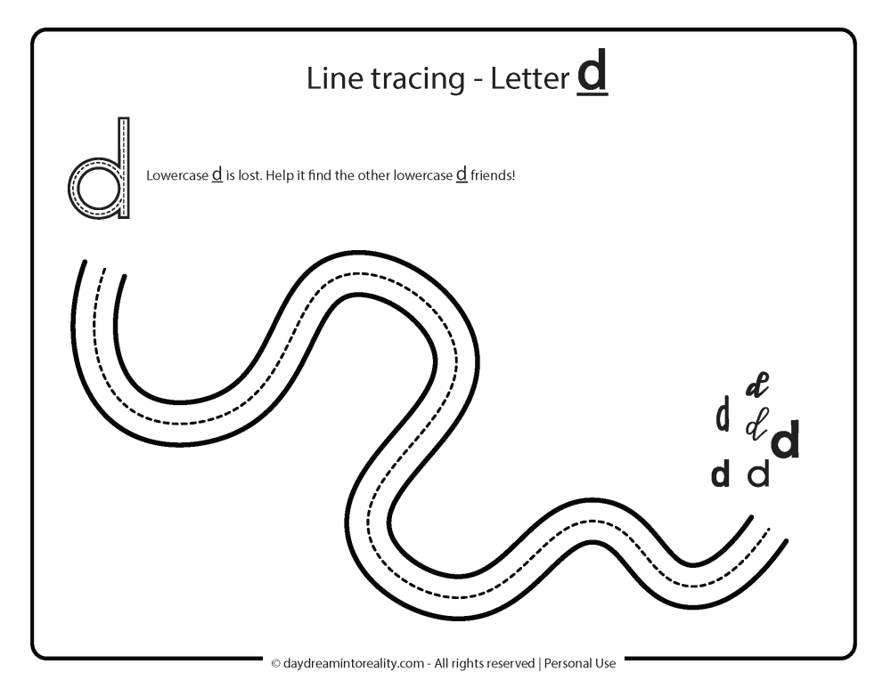 Letter D worksheet free printables - line tracing practice.