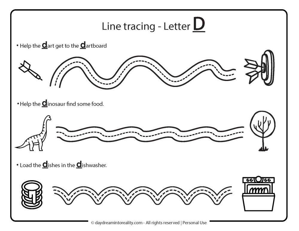Letter D worksheet free printables line tracing practice.