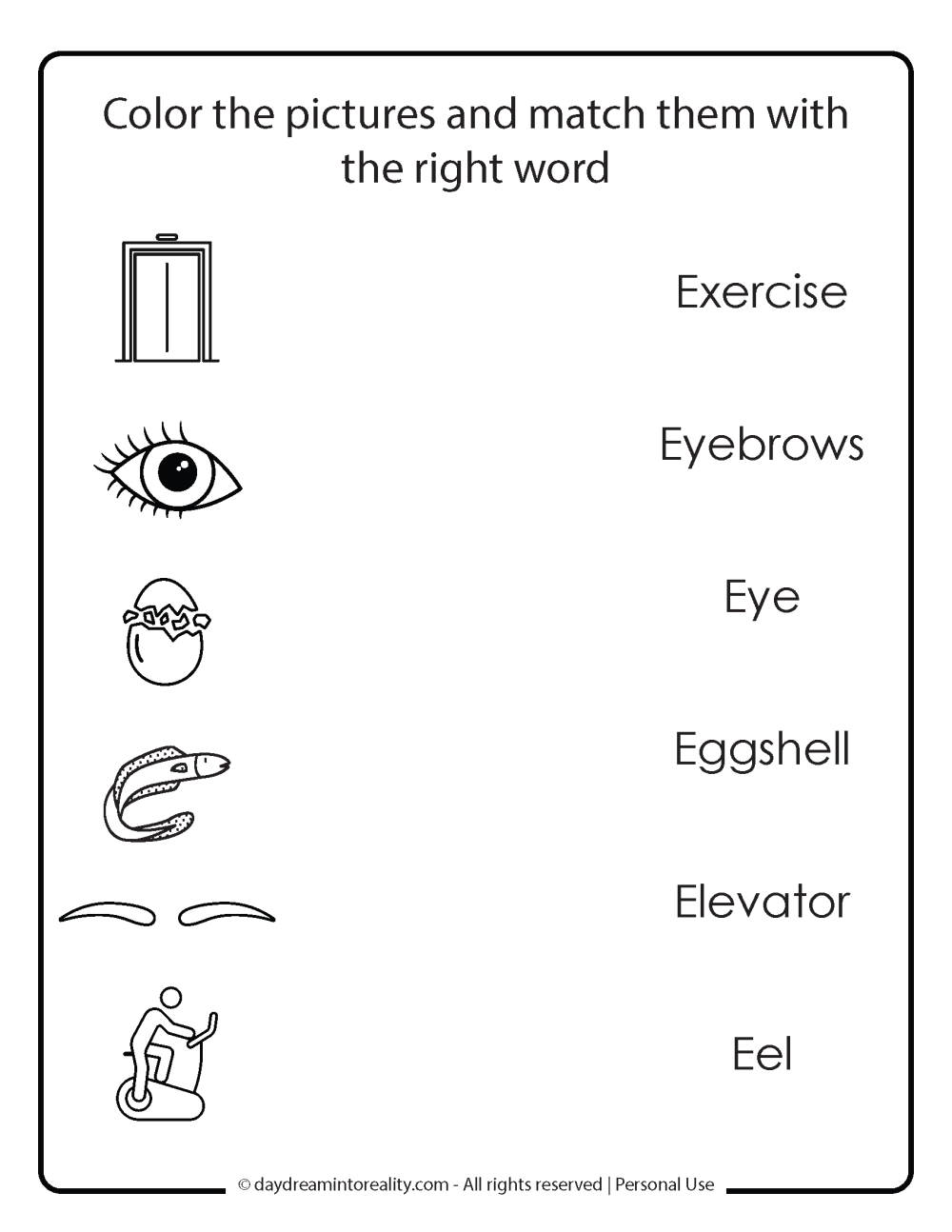 Letter E worksheet free printables. Find the word that matches the picture.