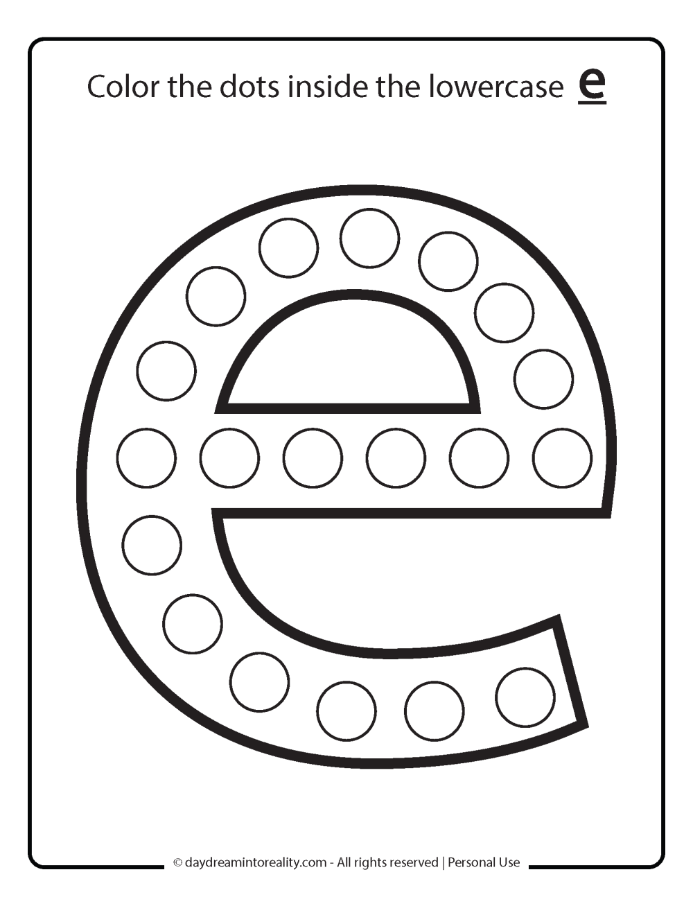 Letter E worksheet free printables. color all dots in lowercase e