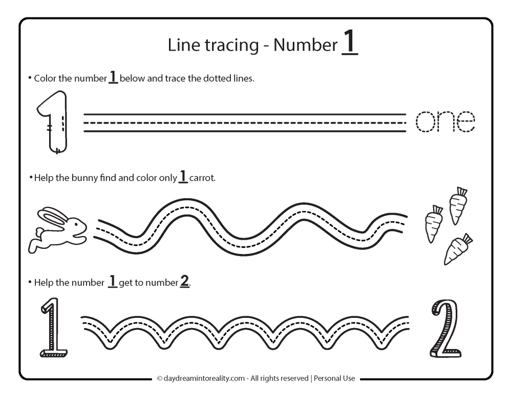 line tracing number 1 worksheet free printable