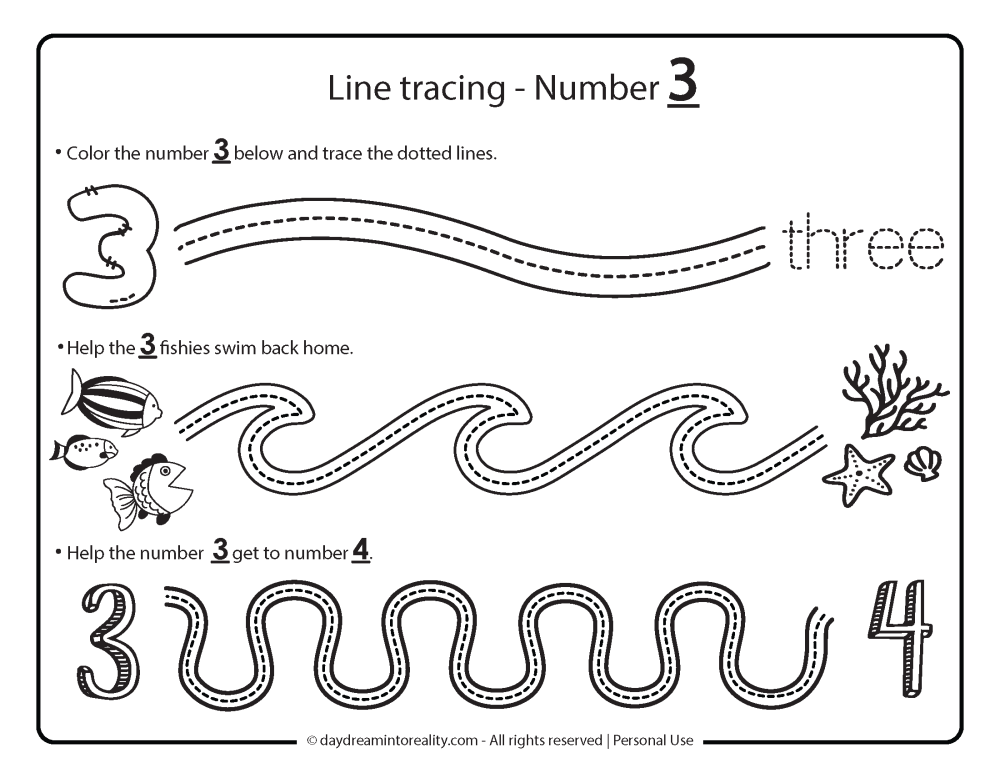 line tracing number 3 worksheet free printable