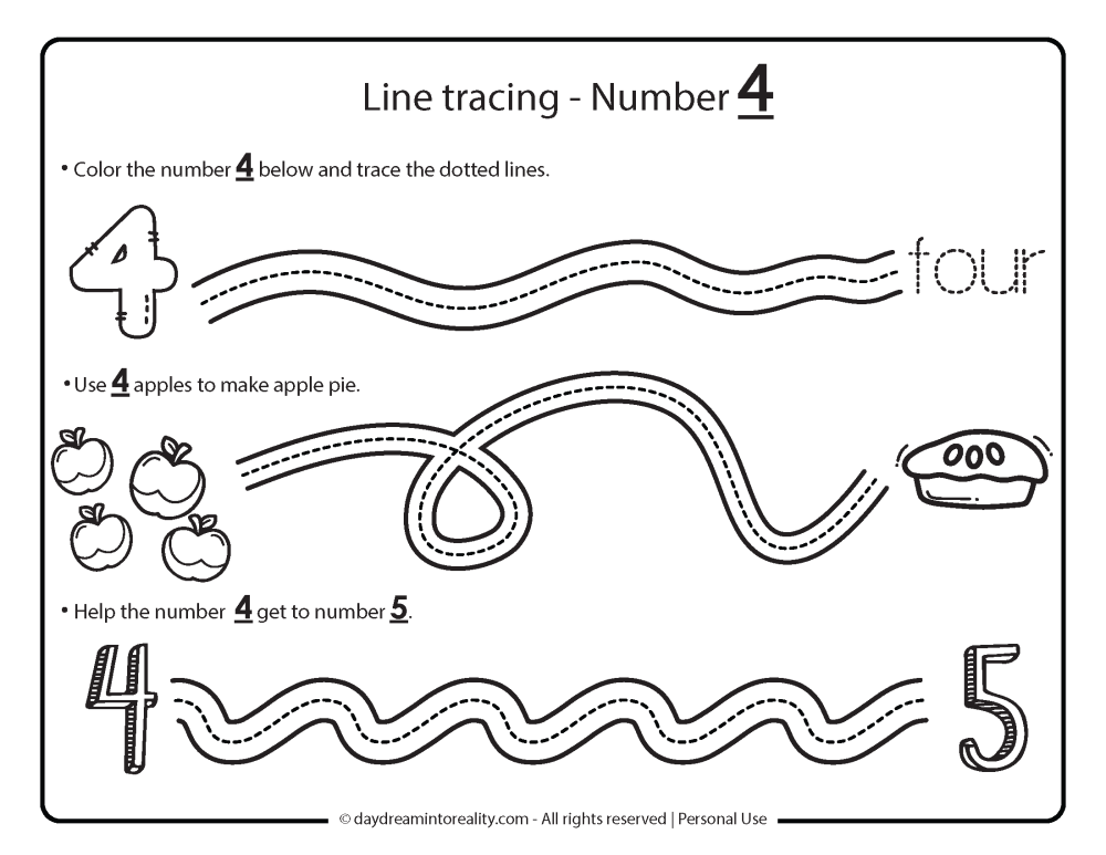 line tracing number 4 worksheet free printable