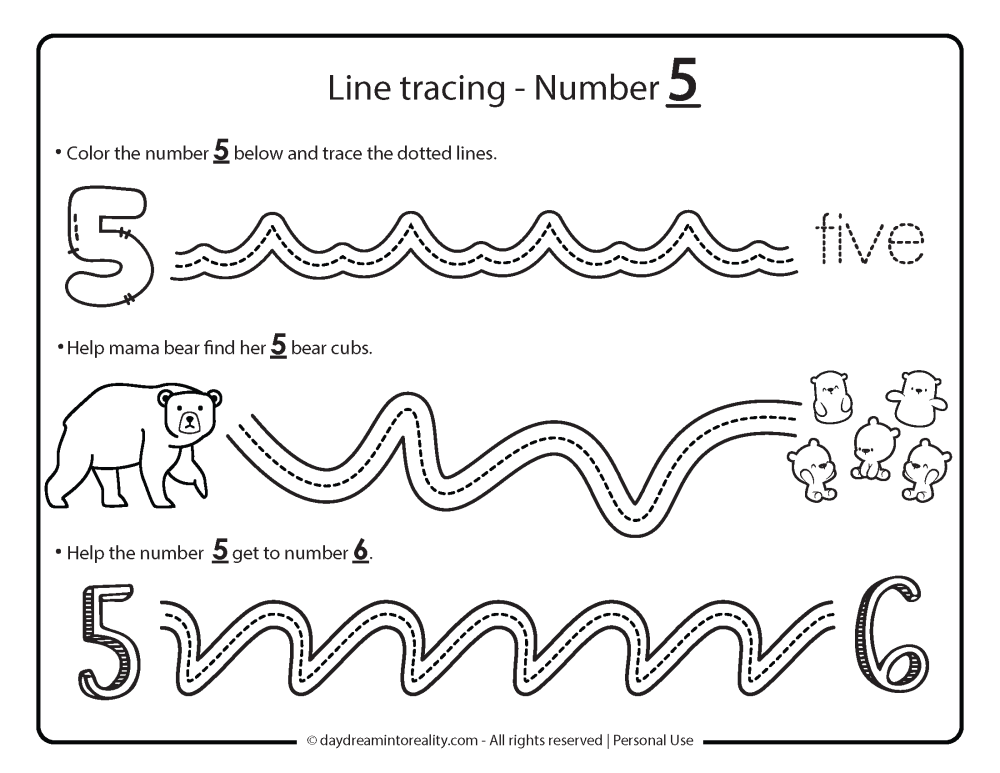 line tracing number 5 worksheet free printable