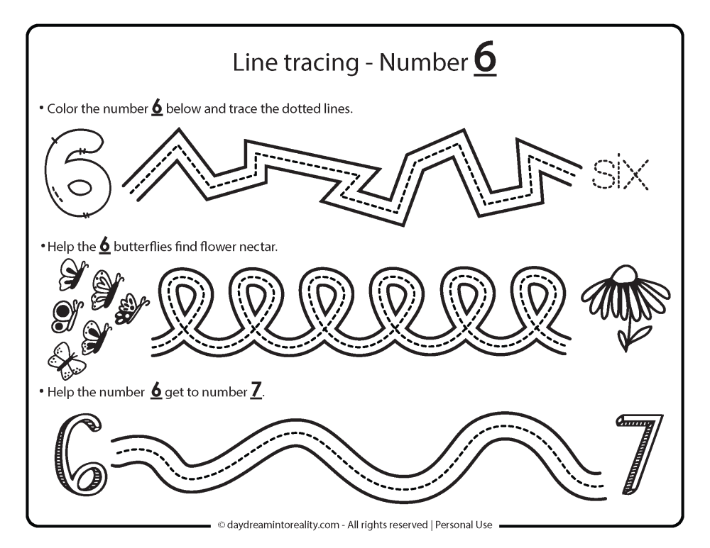 line tracing number 6 worksheet free printable