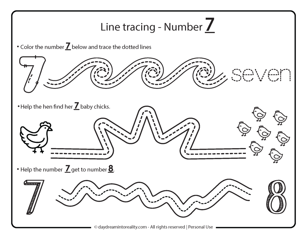 line tracing number 7 worksheet free printable