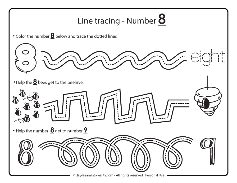 line tracing number 8 worksheet free printable