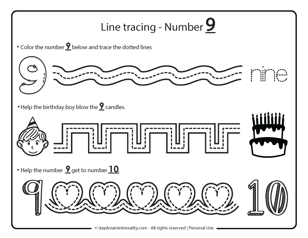 line tracing number 9 worksheet free printable