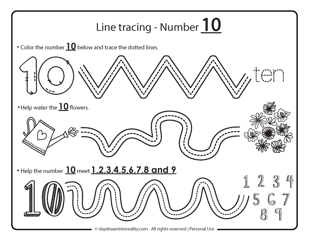 line tracing number 10 worksheet free printable