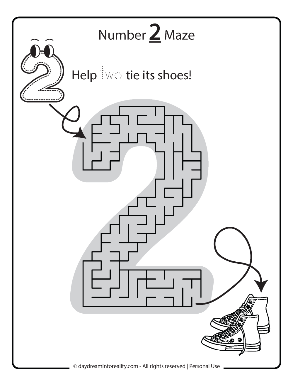 number 2 maze for kids free printable.