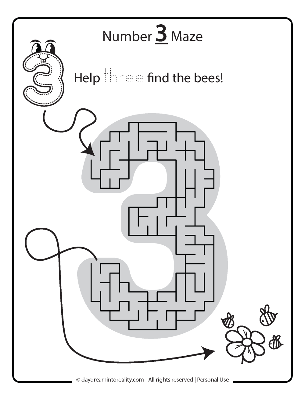 number 3 maze for kids free printable.