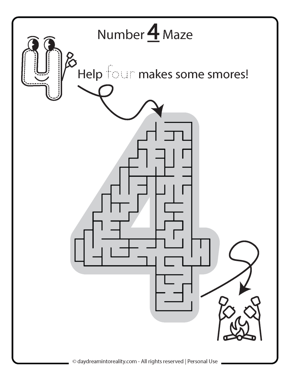 number 4 maze for kids free printable.