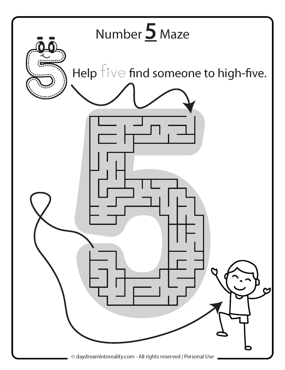 number 5 maze for kids free printable.
