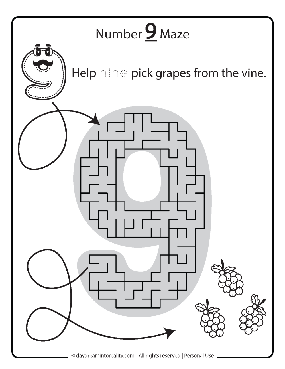 number 9 maze for kids free printable.
