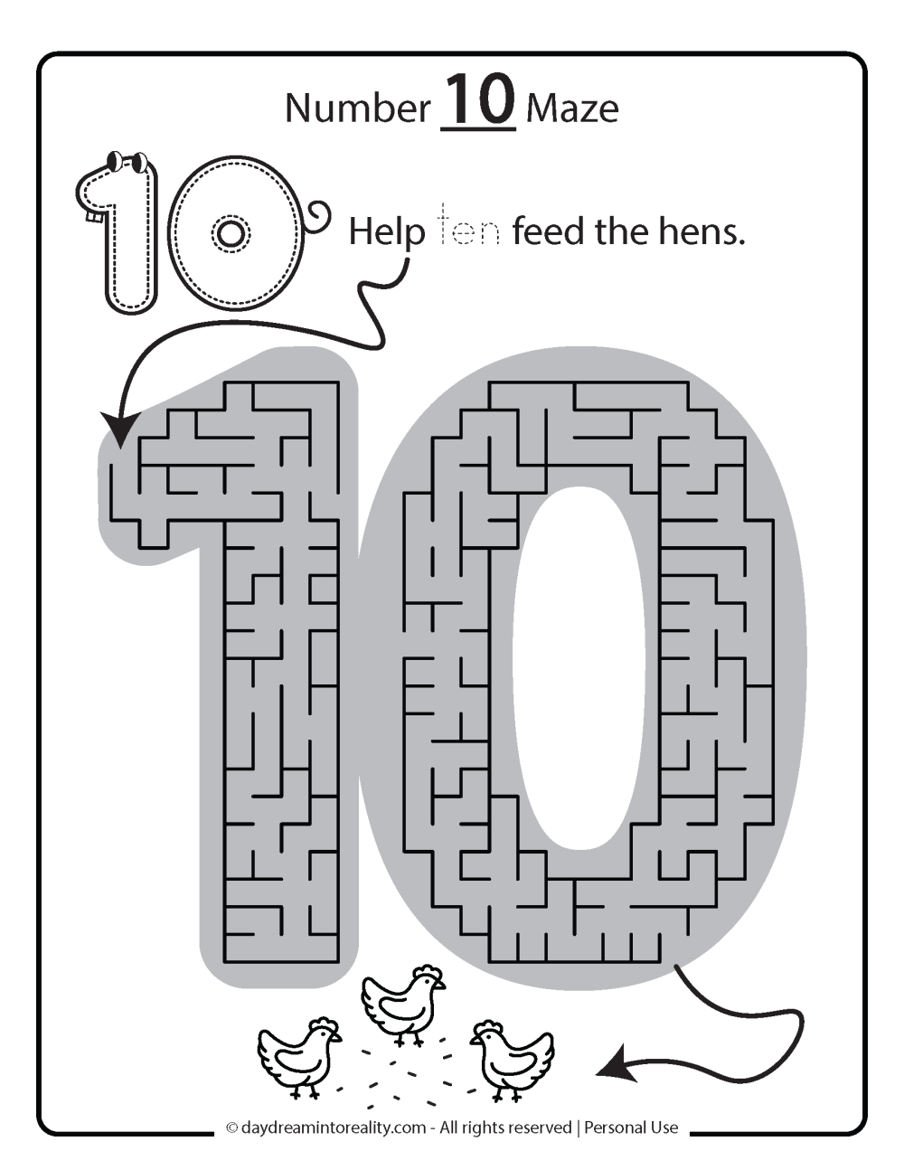 number 10 maze for kids free printable.