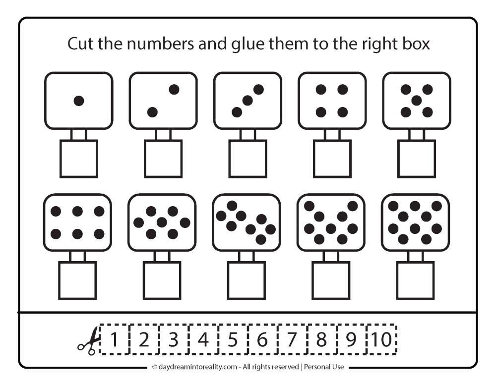 numbers 1 - 10 cutting, gluing, counting, color worksheet free printable.