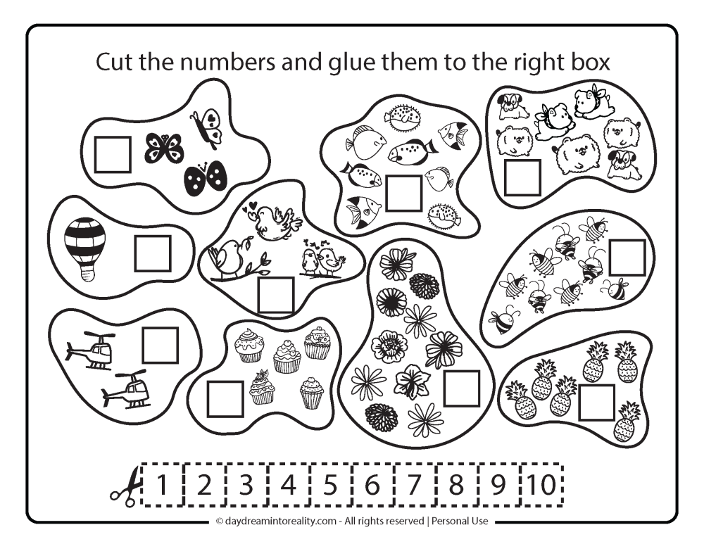 numbers 1 - 10 cutting, gluing, counting, color worksheet free printable.