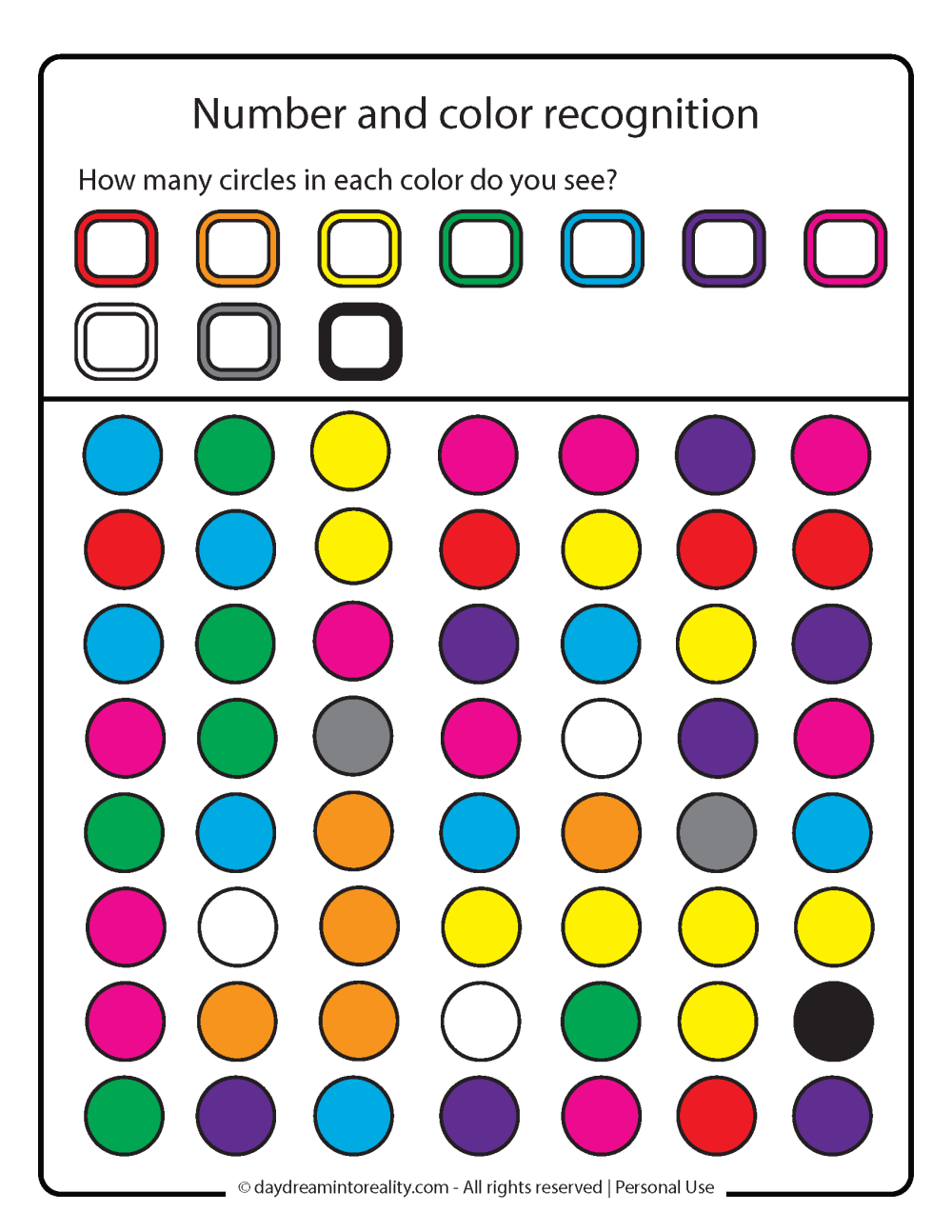 numbers 1 - 10 counting, color and number recognition worksheet free printable.