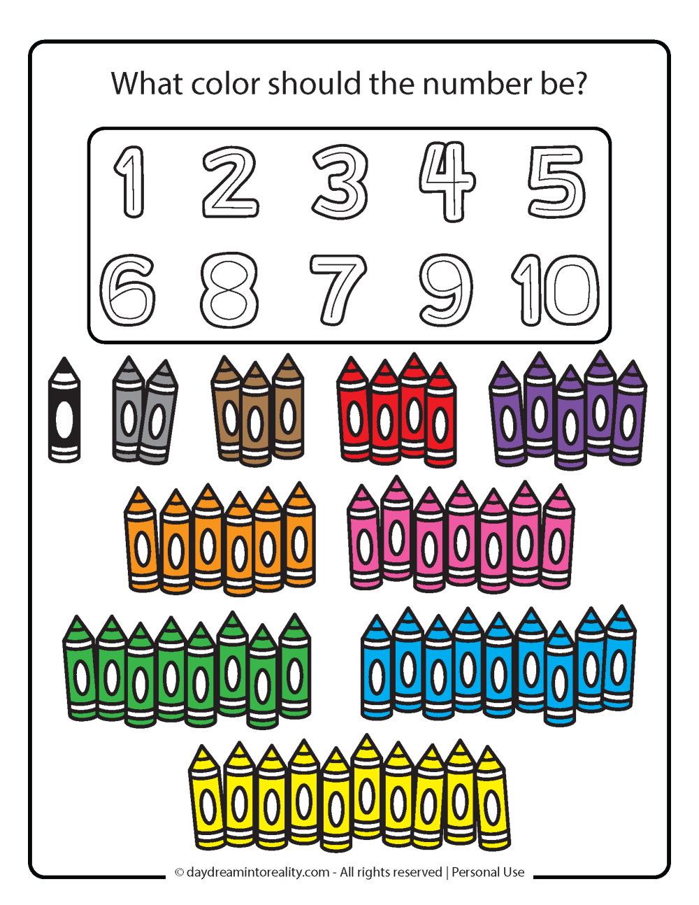 numbers 1 - 10 counting, color and number recognition worksheet free printable.