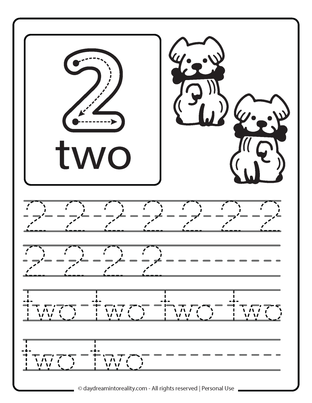 number 2 (numeric and word) worksheet free printable