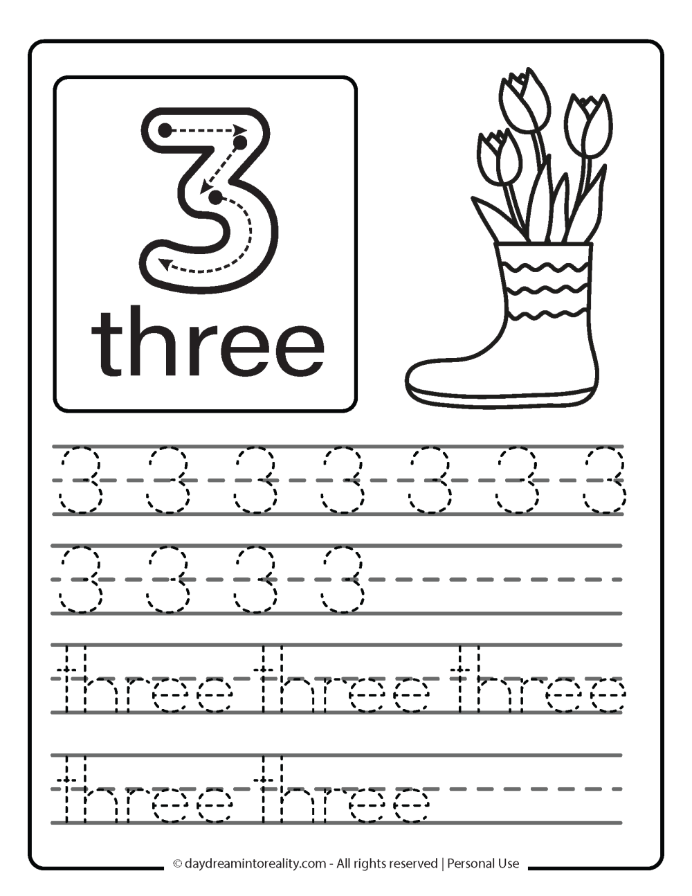 number 3 (numeric and word) worksheet free printable