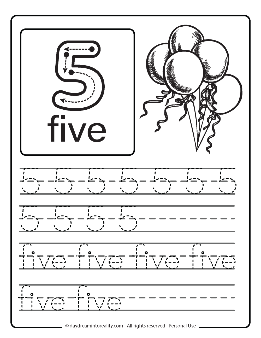 number 5 (numeric and word) worksheet free printable