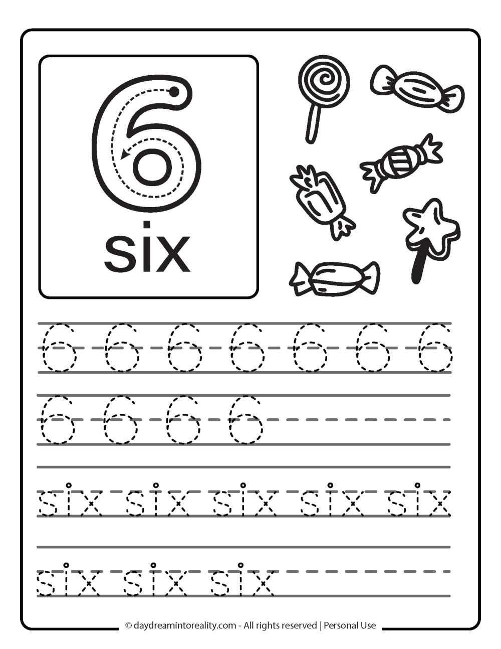 number 6 (numeric and word) worksheet free printable