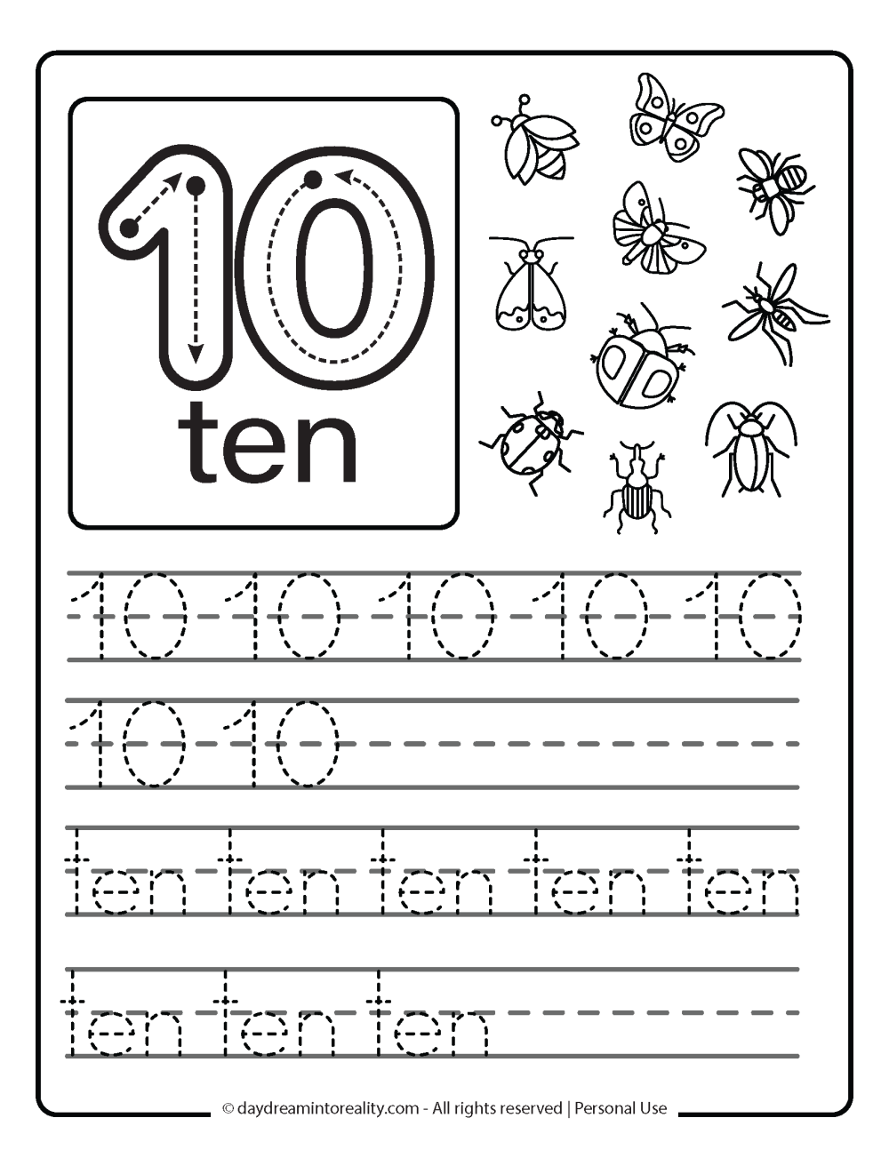 number 10 (numeric and word) worksheet free printable