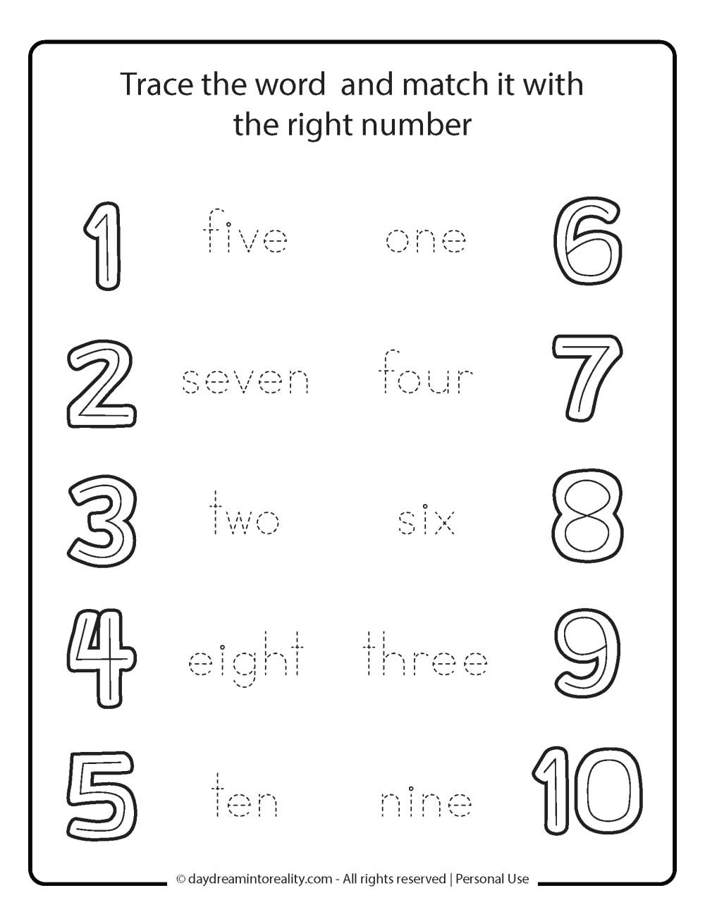 trace written form of numbers and match to number free printable.
