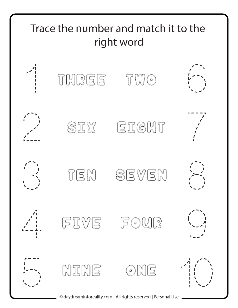 trace numeric form of numbers and match to written number free printable.