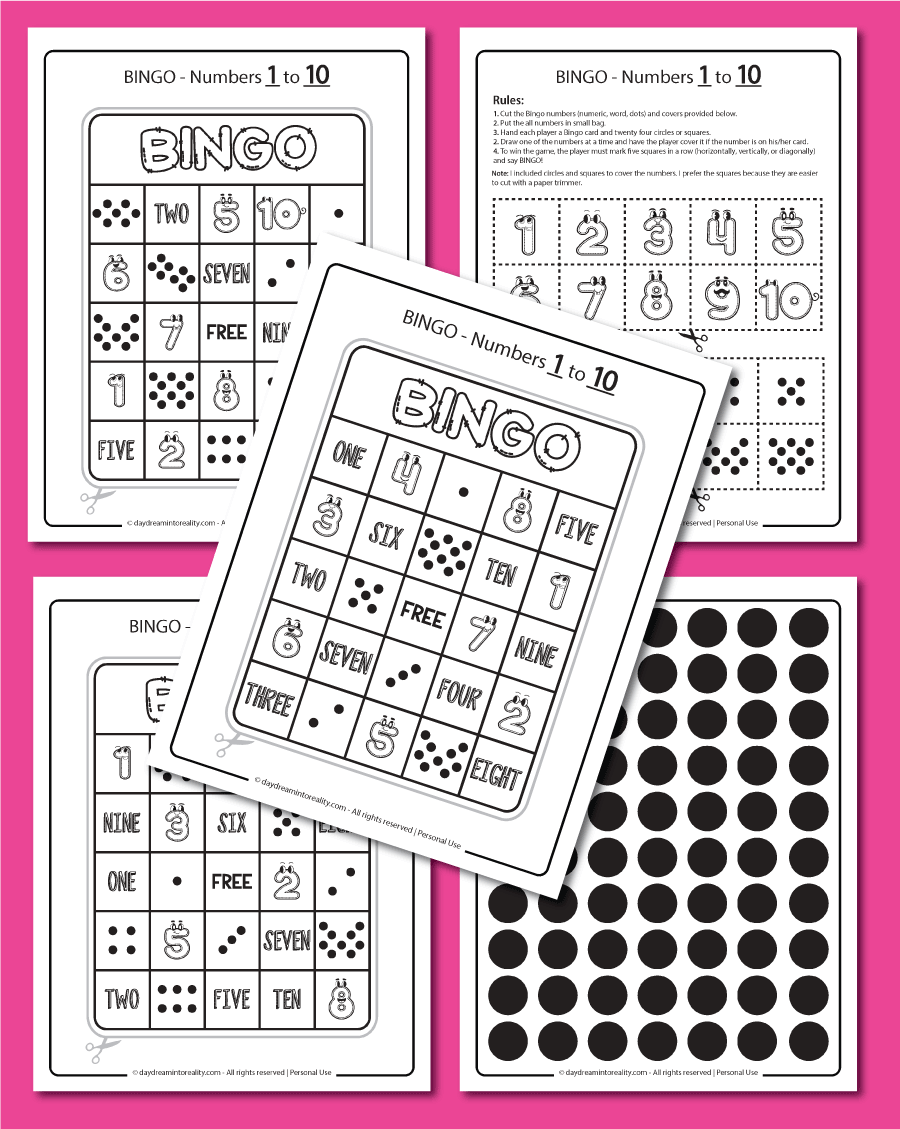 kids Bingo in black and white for numbers 1 to 10 5x5 rows free printable 