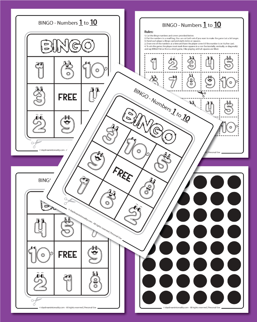 kids Bingo in black and white for numbers 1 to 10 3x3 rows free printable 