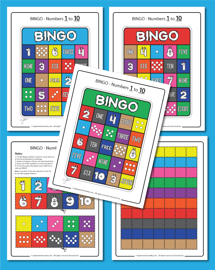 kids Bingo in color for numbers 1 to 10 5x5 rows free printable 
