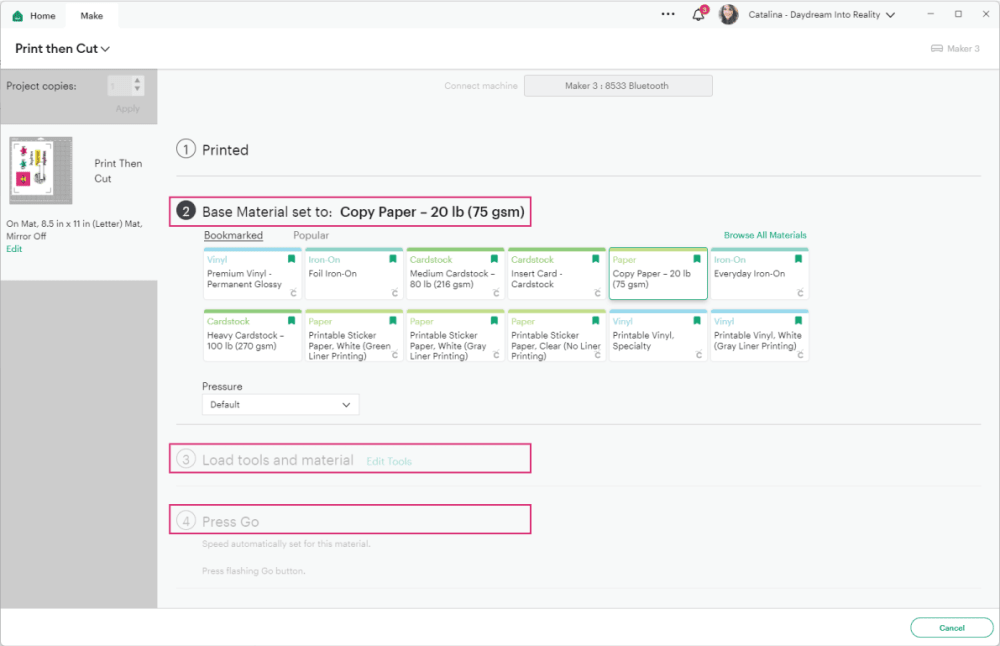 select material in design space.